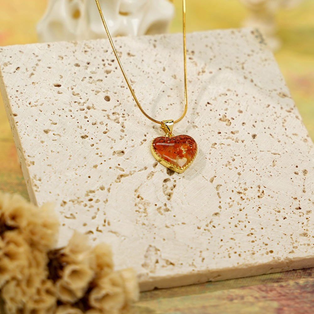 Color Stone Inlay Necklace – Heart B, Vibrant Red