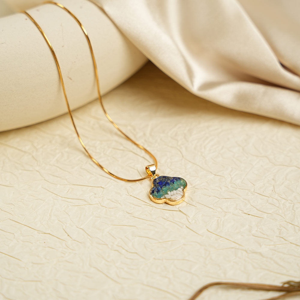 Color Stone Inlay Necklace – Single-Sided Clover, Blue & White Style