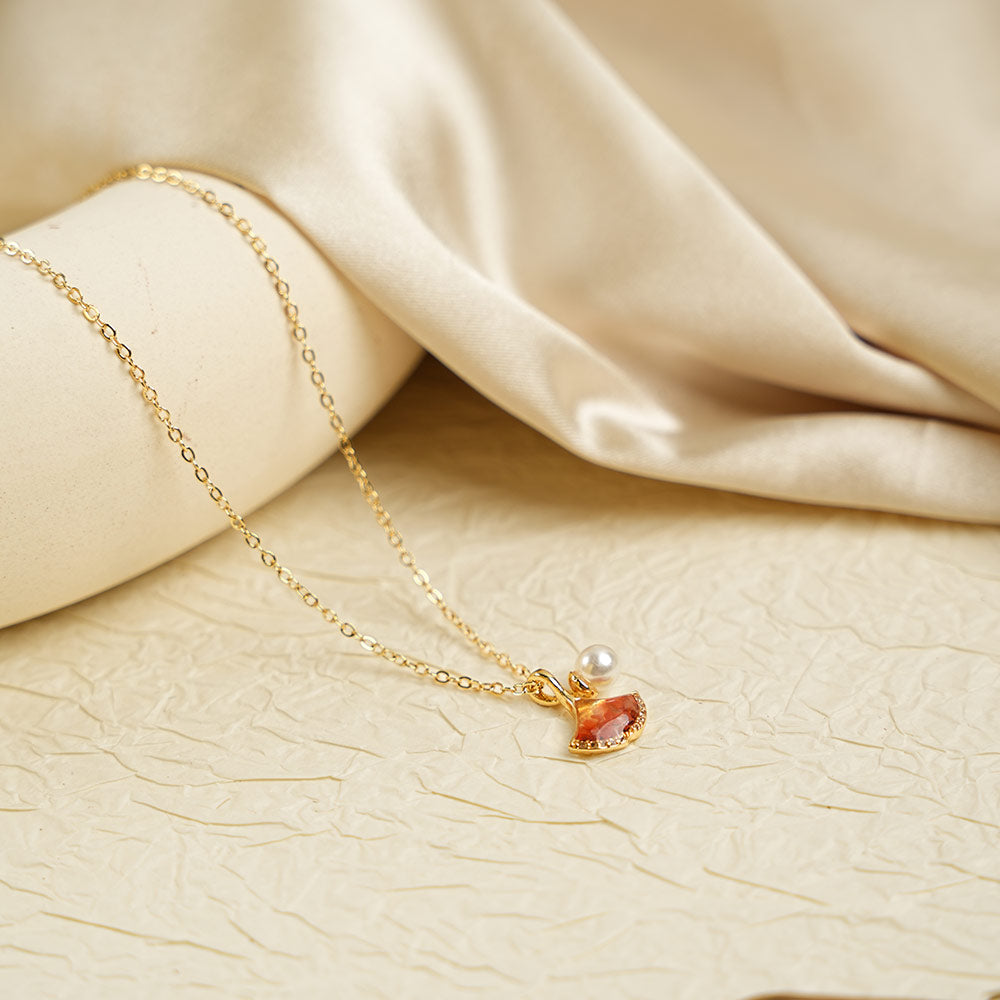 Color Stone Inlay Necklace – Ginkgo Leaf, Prosperous Red