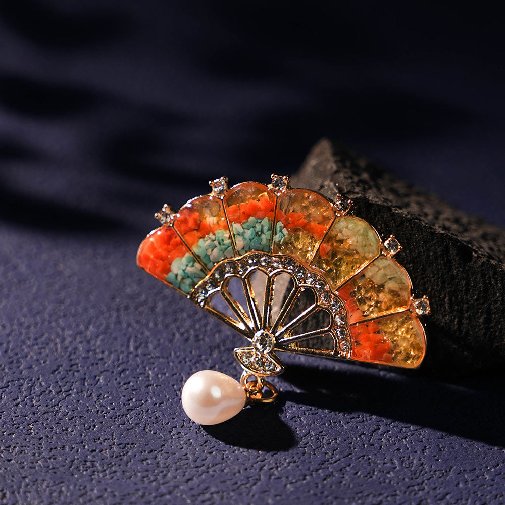 Dunhuang Fan Brooch with Pearl