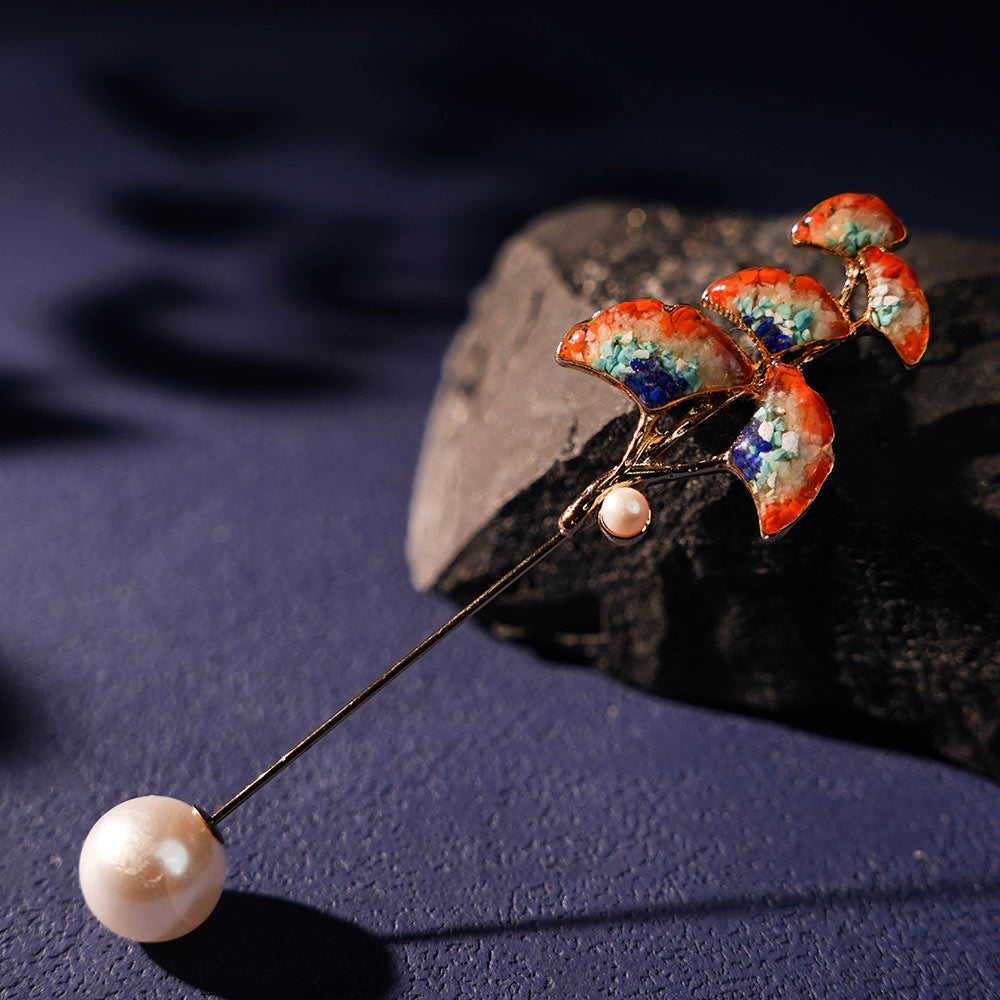 Dunhuang-Colored Pearl Ginkgo Leaf Brooch