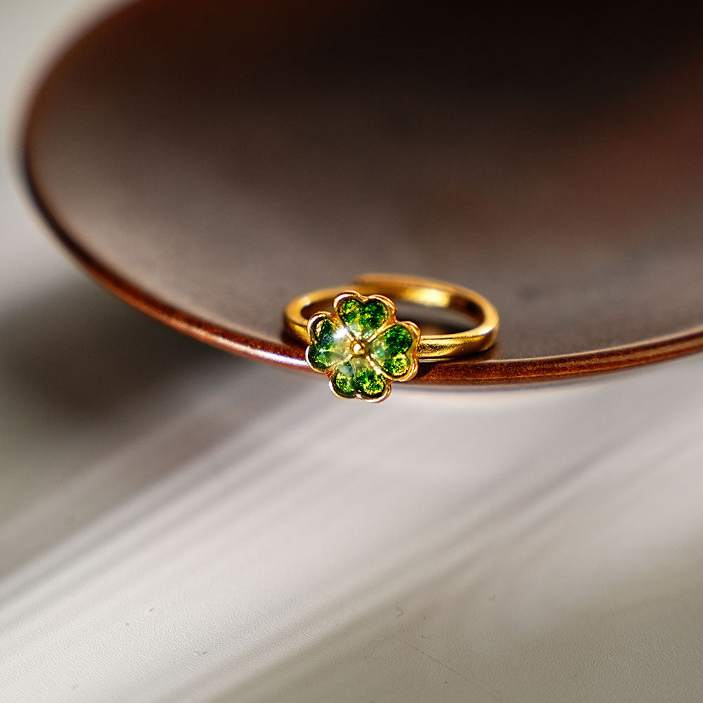 Adjustable Green Four-Leaf Clover Ring