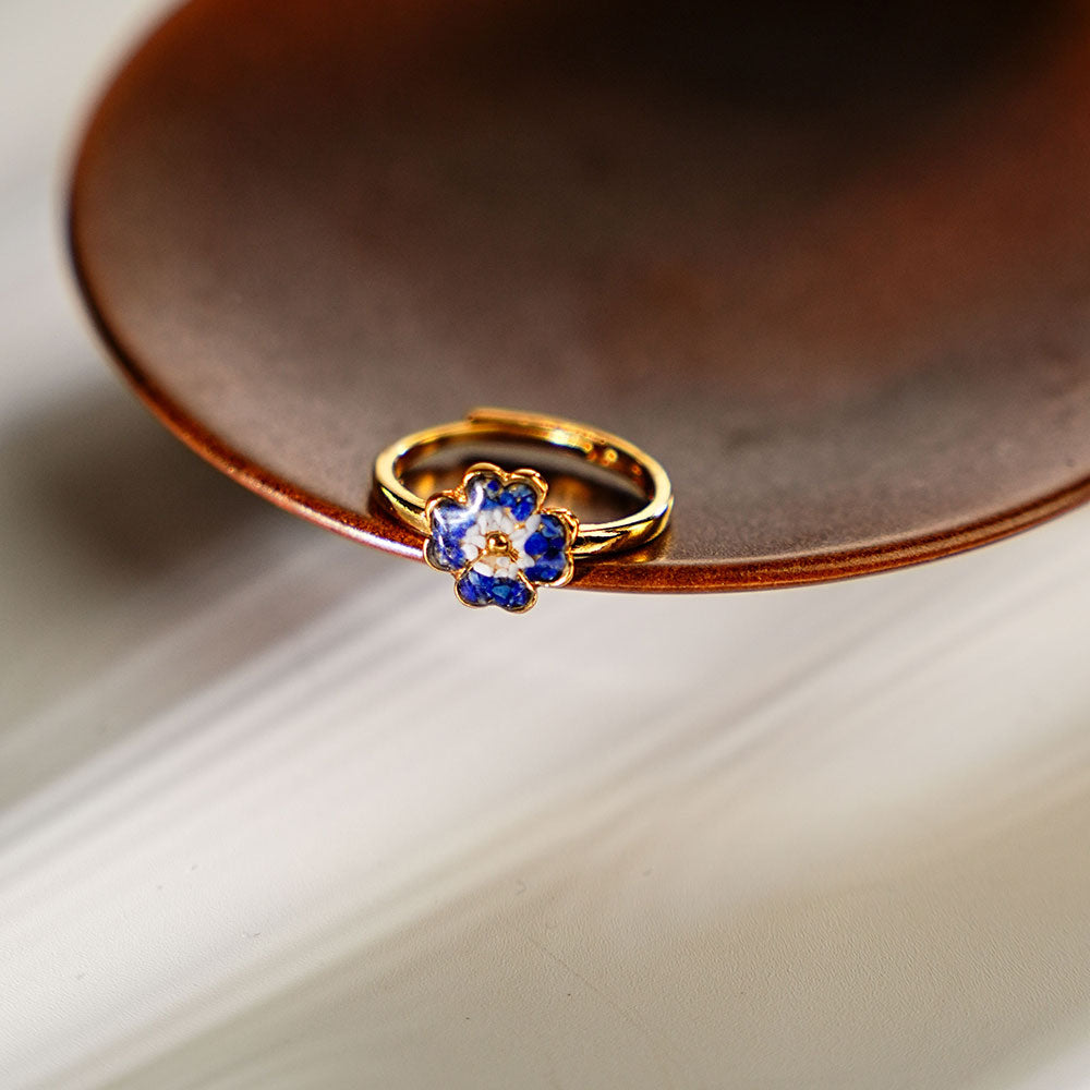 Blue & White Four-Leaf Clover Adjustable Ring