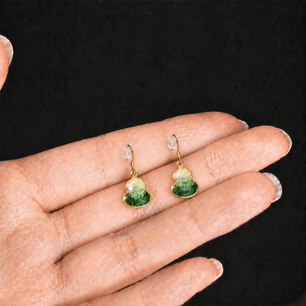 Color Stone Inlay Jade Green Gourd Stud Earrings