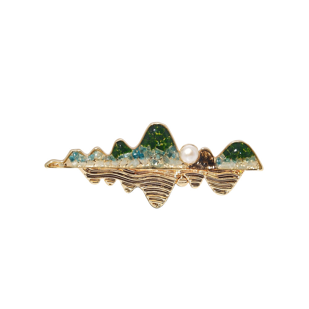 Gem Inlay Jade Green Landscape Reflection Brooch