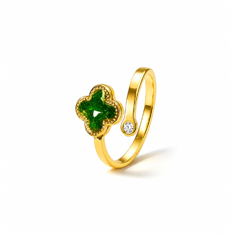 Colored Stone Inlay Ring – Emerald Four-Leaf Clover with Diamonds
