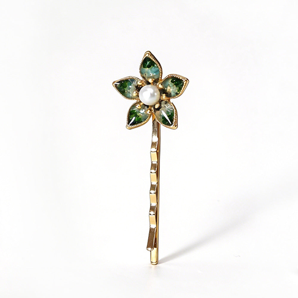 Jadeite Green Five-Star Flower Hairpin with Colored Stone Inlay