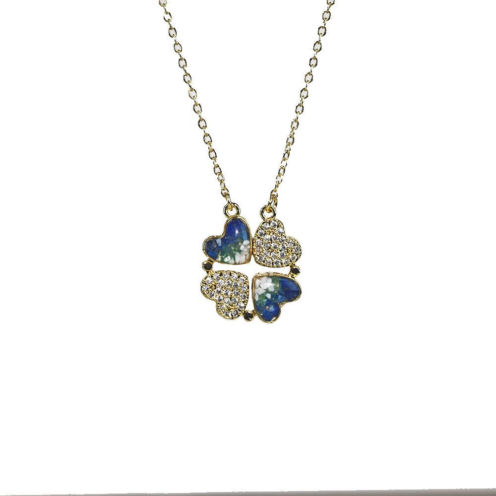 Color Stone Inlay Movable Magnetic Clover Necklace – Blue & White