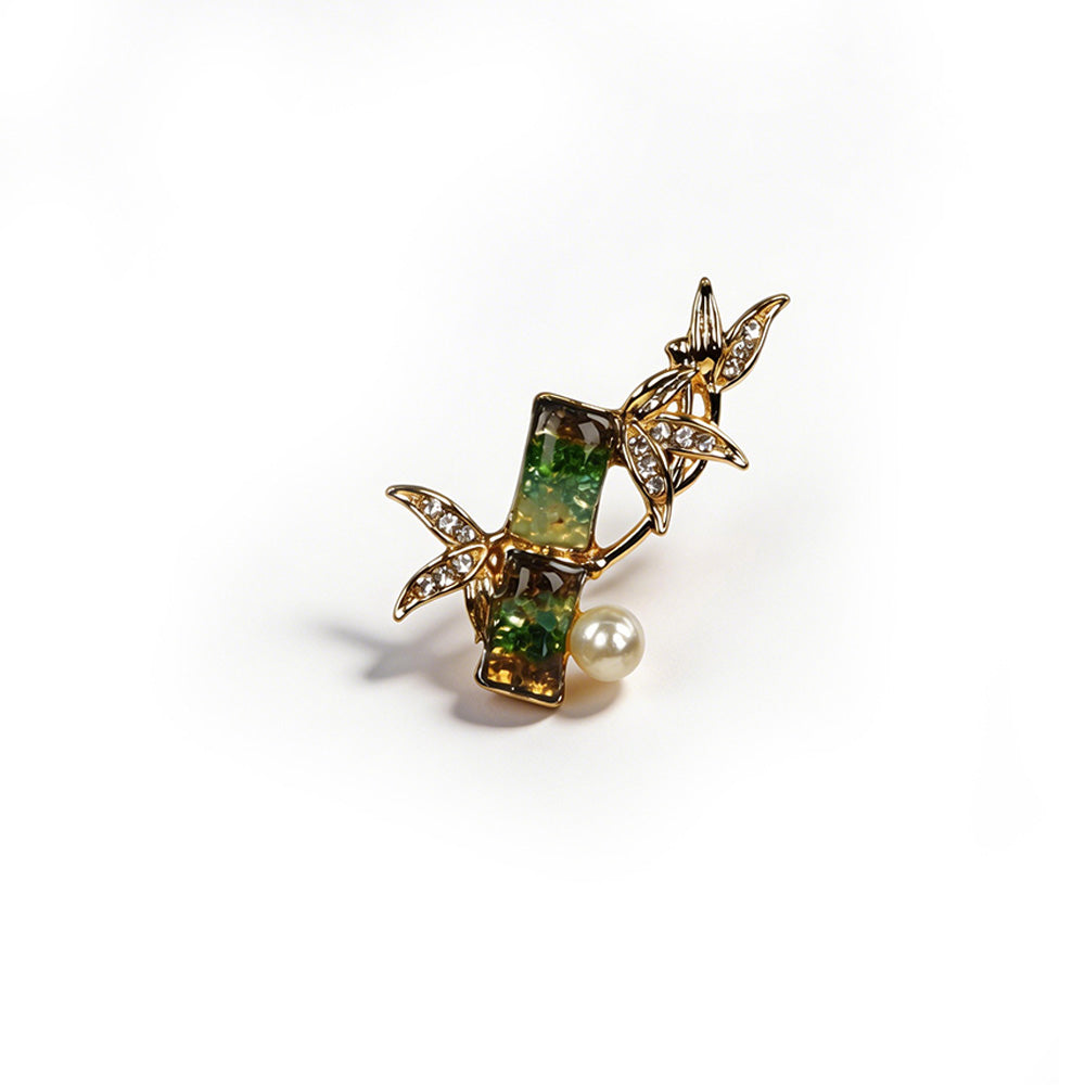 Jadeite Bamboo Section Brooch with Color Stone Inlay