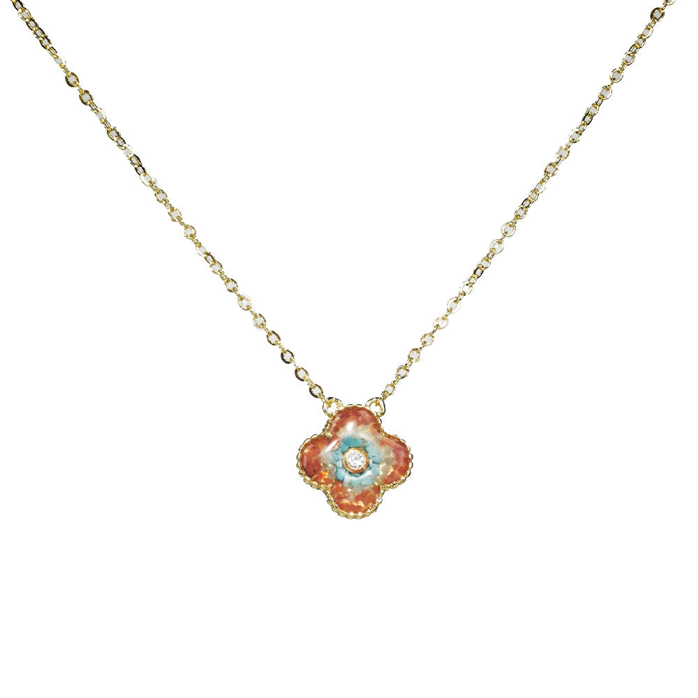 Color Stone Inlay Necklace – Double-Sided Clover, Dunhuang Red