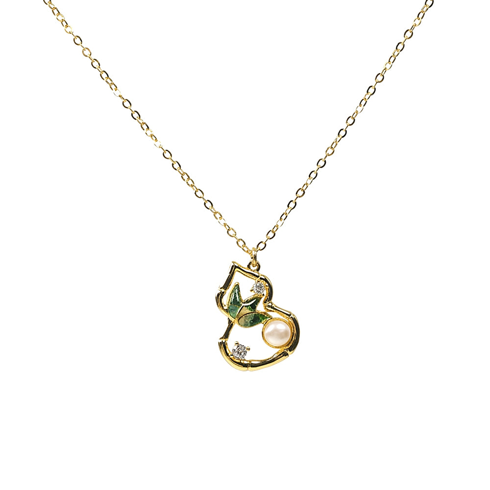 Color Stone Inlay Gourd & Bamboo Leaf Pearl Necklace – Jade Green Series