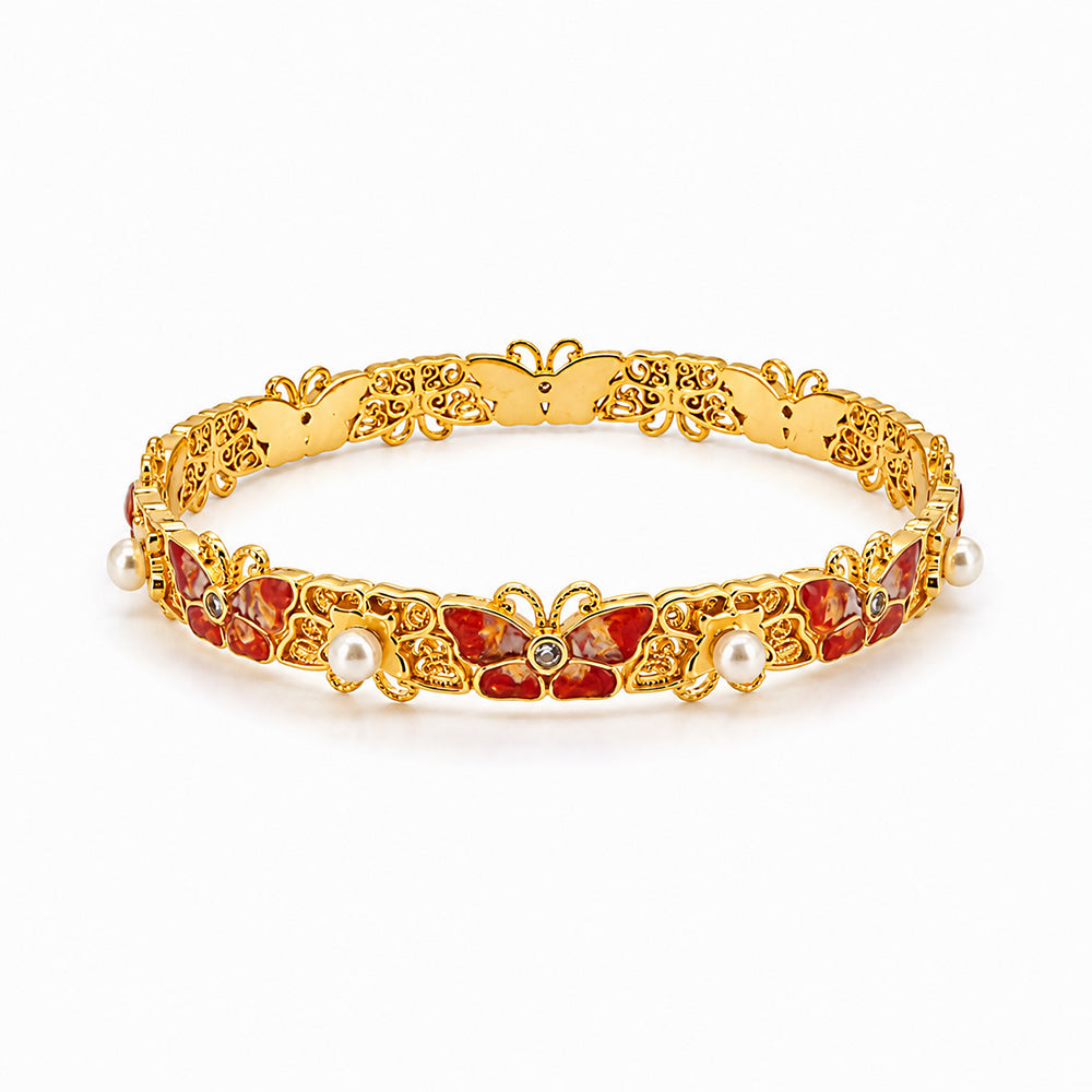 Color Stone Inlay Heavy-duty Pearl Bracelet – Openwork Peach Blossom Design