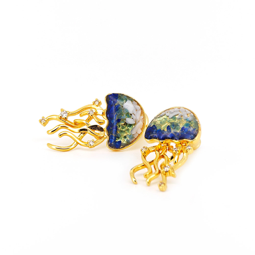 Color Stone Inlay Blue & White Jellyfish Stud Earrings