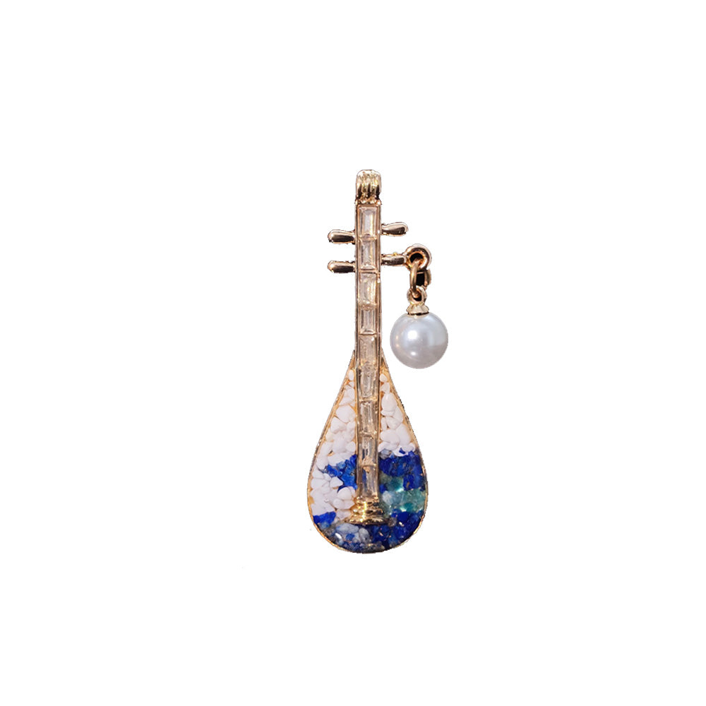 Colored Stone Inlaid Pipa Brooch with Jadeite Green Pearls