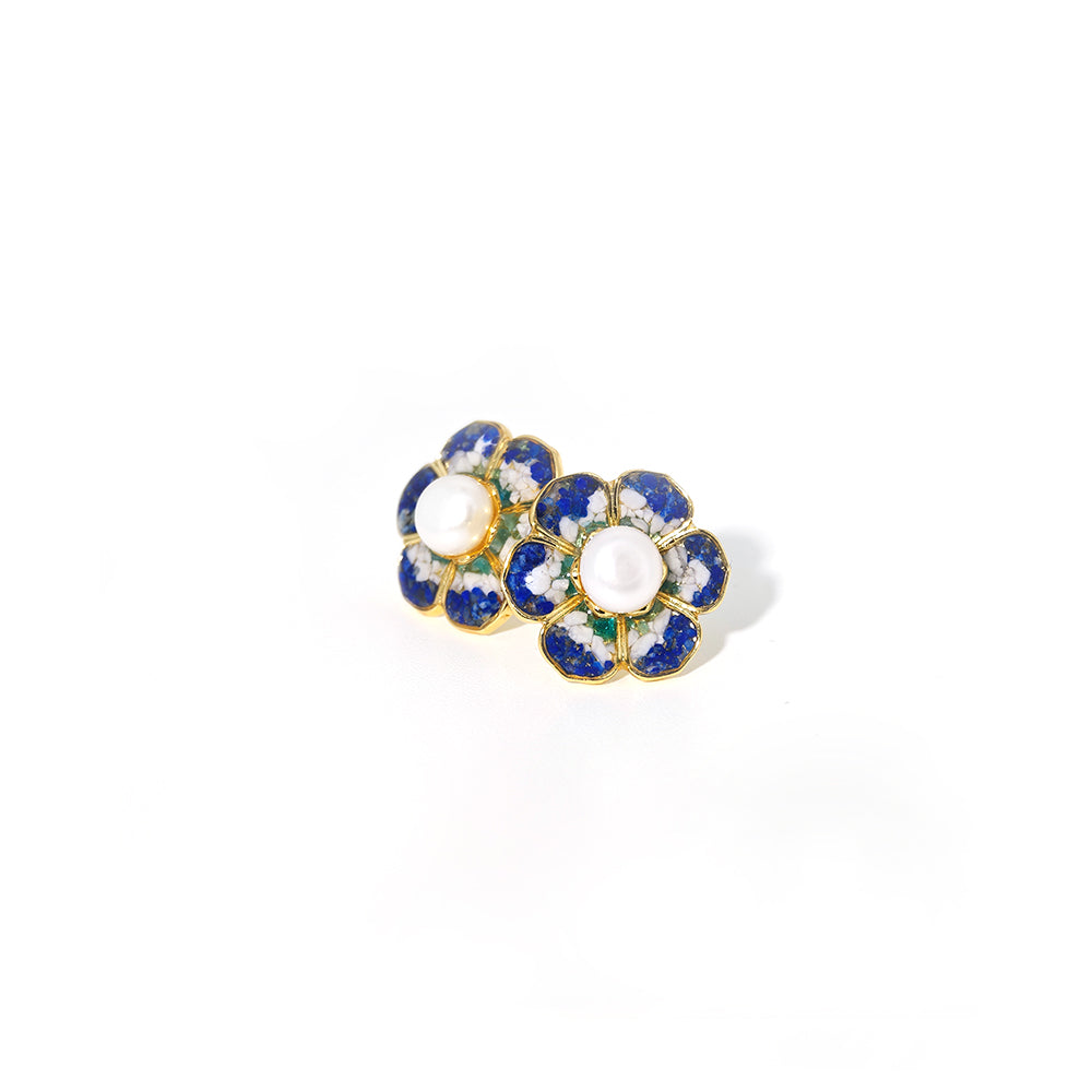 Color Stone Inlay Plum Gradient Baoxiang Flower Stud Earrings