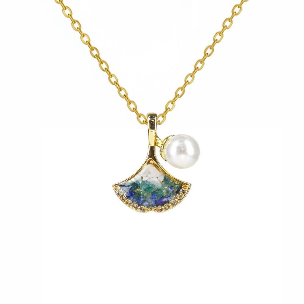 Color Stone Inlay Necklace – Ginkgo Leaf, Blue & White Style