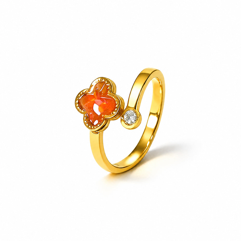 Color Stone Inlay Four-Leaf Clover Ring with Crystals – Red & Prosperous Series
