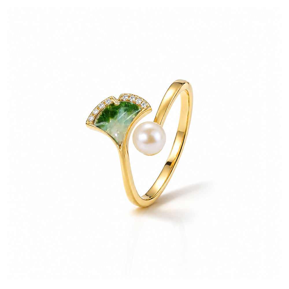 Rainbow Stone Inlay Jadeite Green Gradient Ginkgo Leaf Pearl Ring