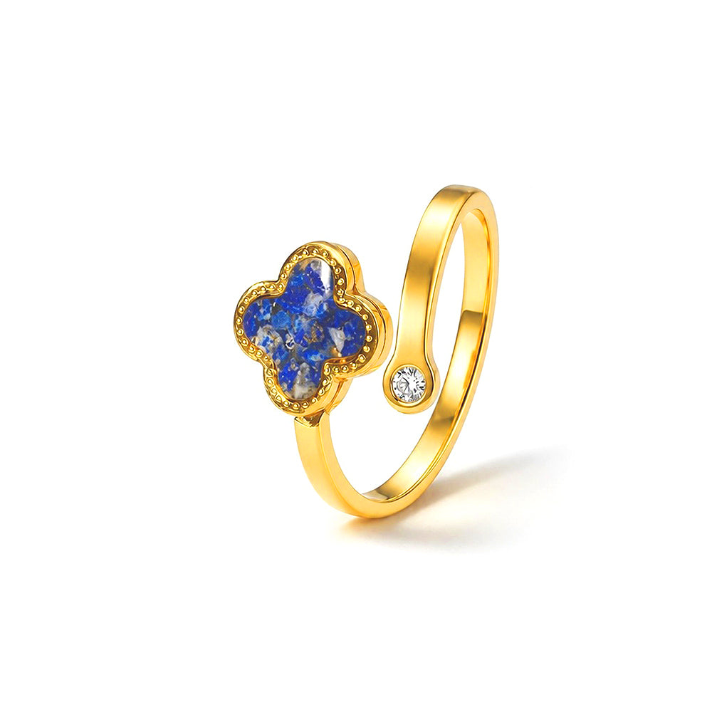 Colored Stone Inlaid Lapis Four-Leaf Clover Ring