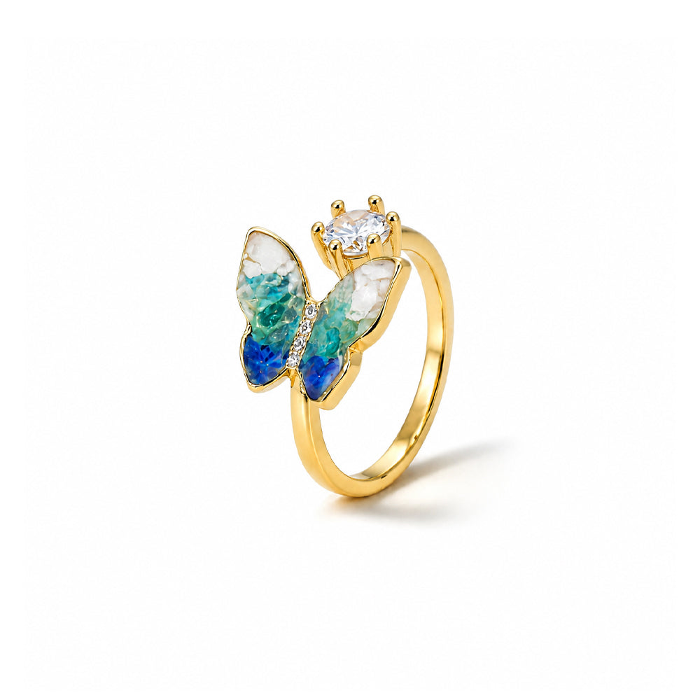 Colored Stone Inlaid Blue-and-White Gradient Butterfly Ring