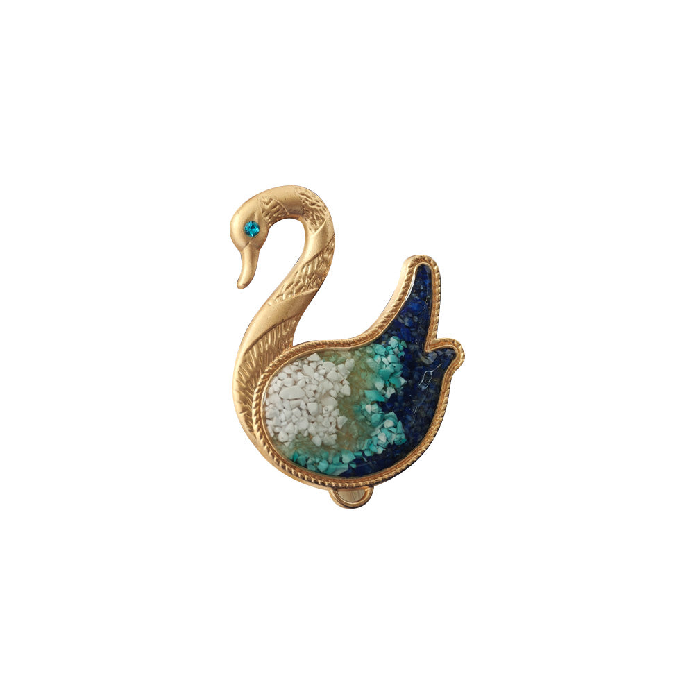 Blue-and-White Porcelain & Colored Stone Inlay Swan Brooch