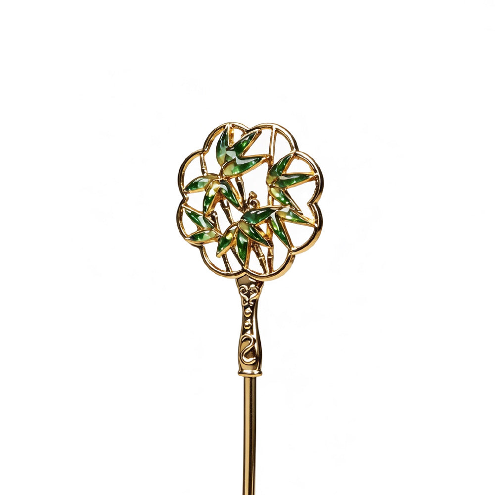 Jadeite Green Color Variation: Color Stone Inlaid Openwork Bamboo Hairpin