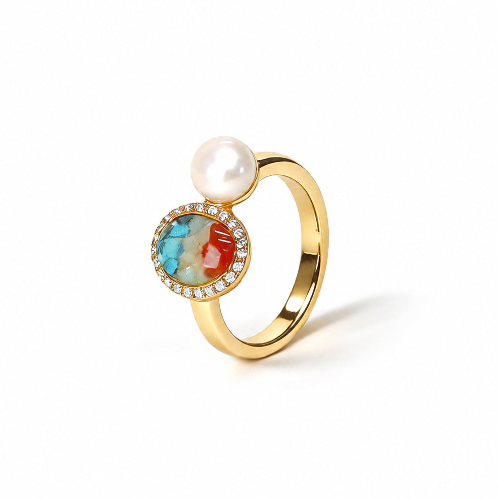 Color Stone Inlay Oval Pearl Ring – Dunhuang Color Series