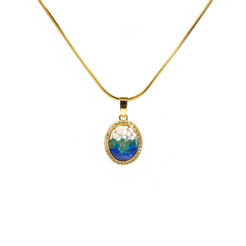 Color Stone Inlay Necklace – Round Bean, Blue & White Style