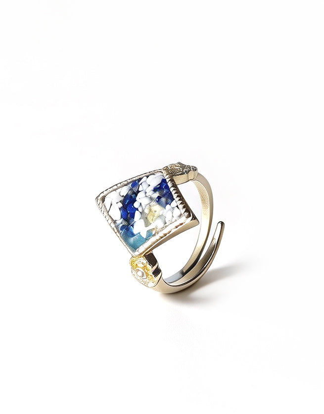 Color Stone Inlay Blue & White Diamond-Shaped Adjustable Ring