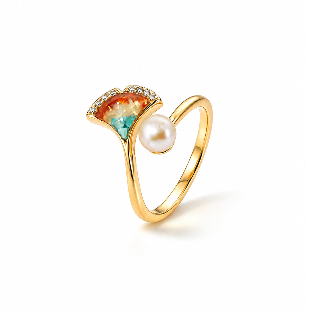 Dunhuang-Colored Ginkgo Leaf Ring Inlaid with Colored Stones & Pearls