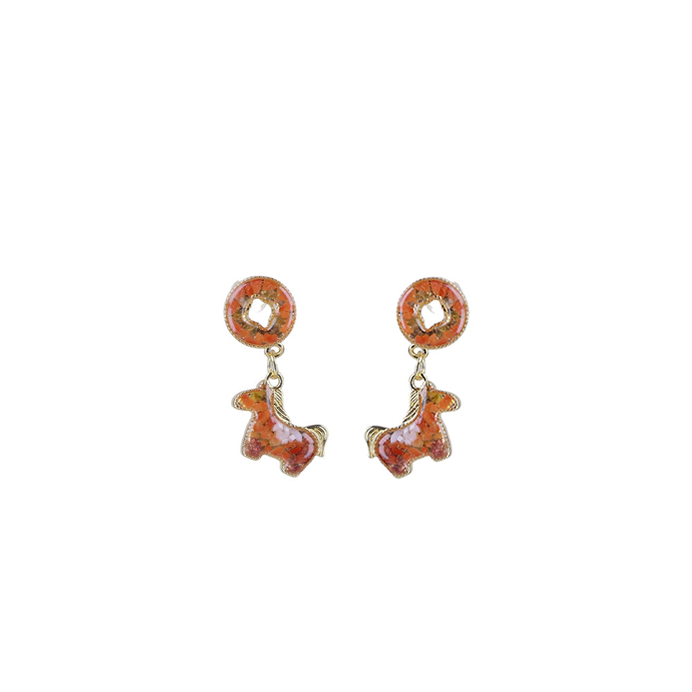 Colorful Stone Inlaid Earrings, “Prosperity Red” Coin Horse Design