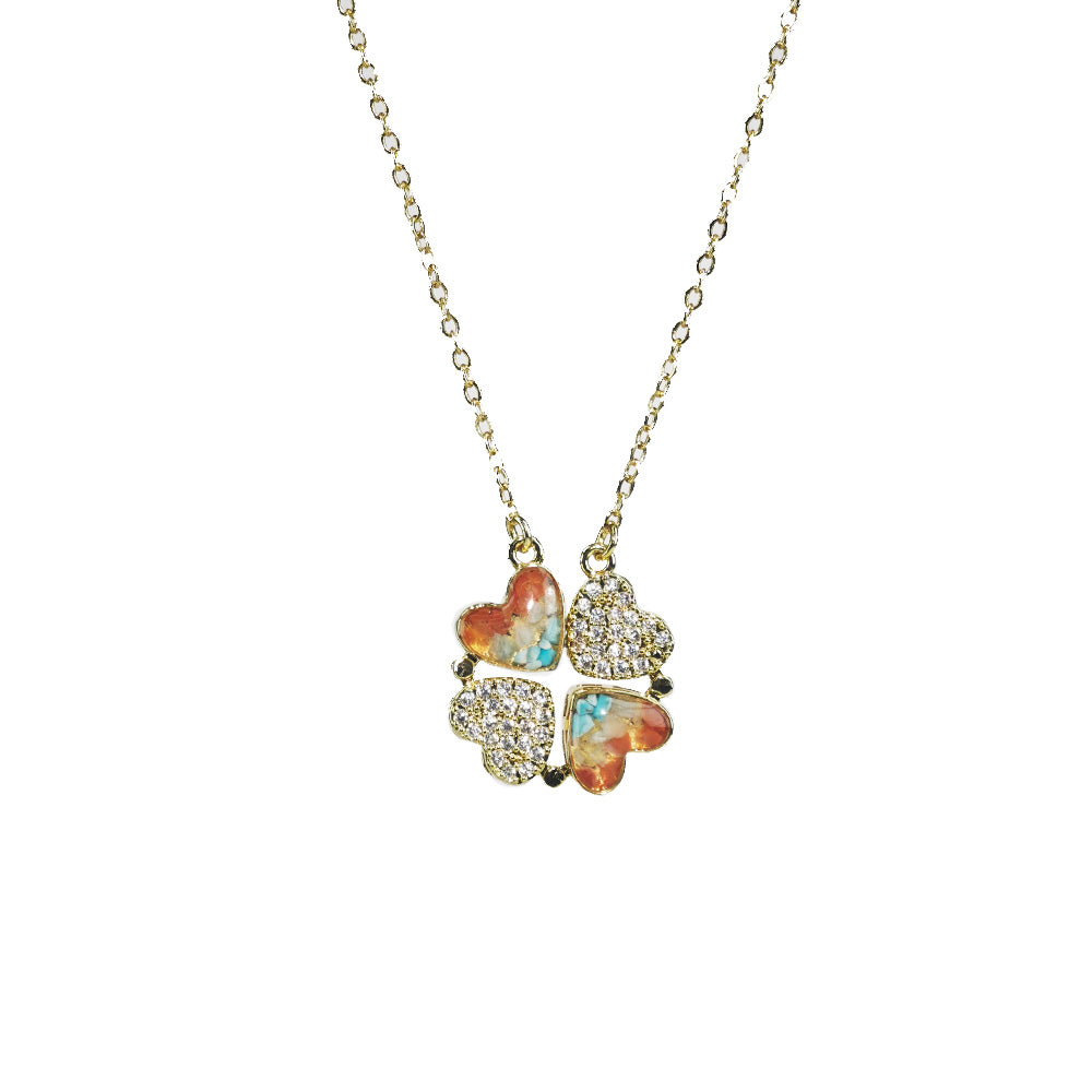 Color Stone Inlay Magnetic Moving Clover Necklace – Dunhuang Red