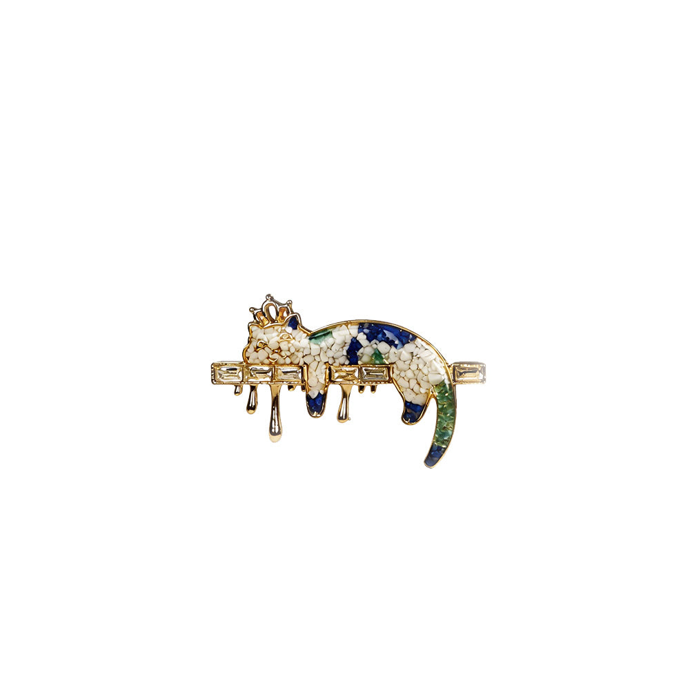 Enameled Blue-and-White Cat Brooch with Colorful Stone Inlay