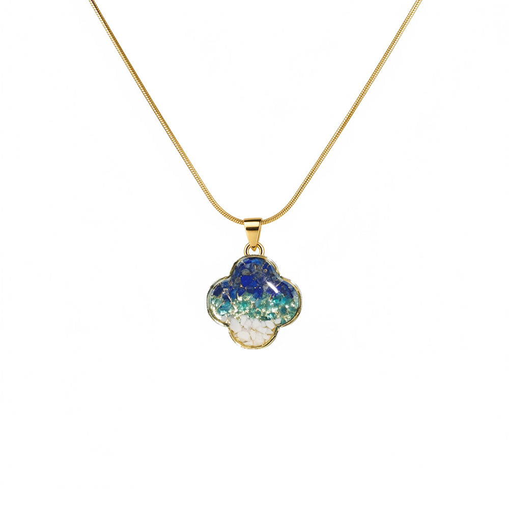Color Stone Inlay Necklace – Single-Sided Clover, Blue & White Style