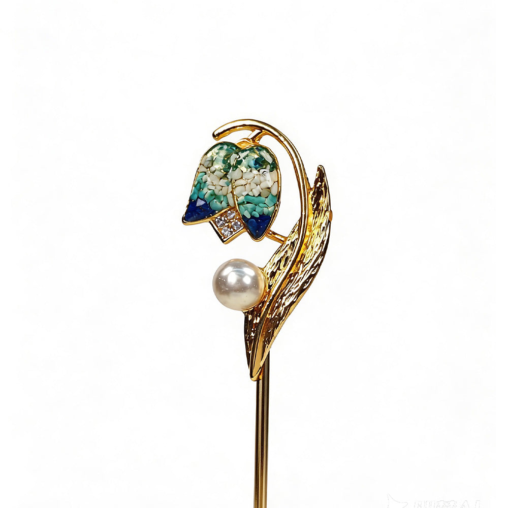 Blue-and-white pattern tulip hairpin with inlaid colored stones