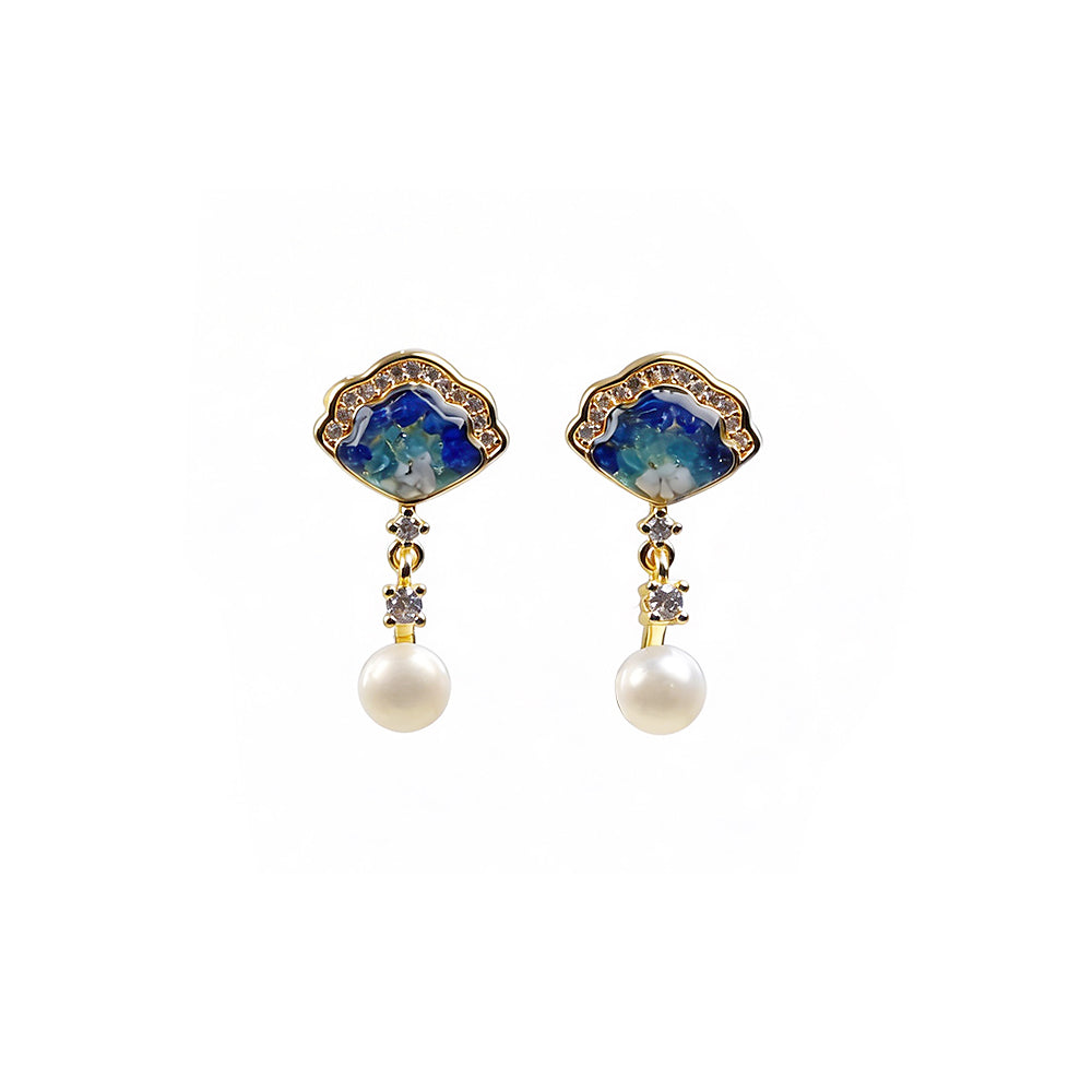 Blue & White Pearl Fan-Shaped Stud Earrings