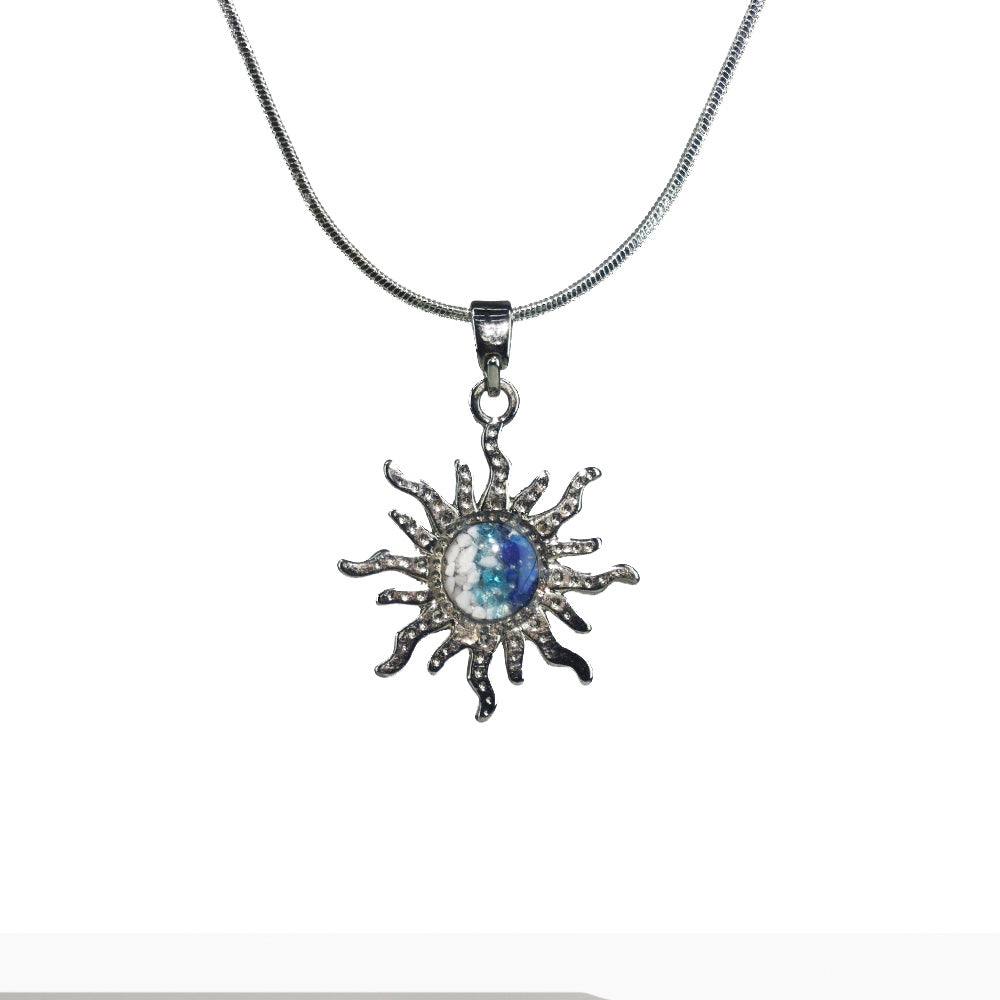Color Stone Inlay Silver Sun Necklace – Blue & White