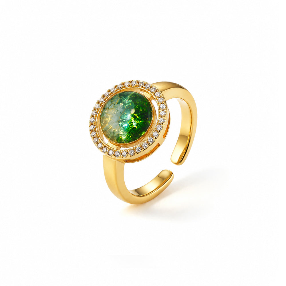 Jadeite Green Big Round Bean Ring Inlaid with Colored Stones