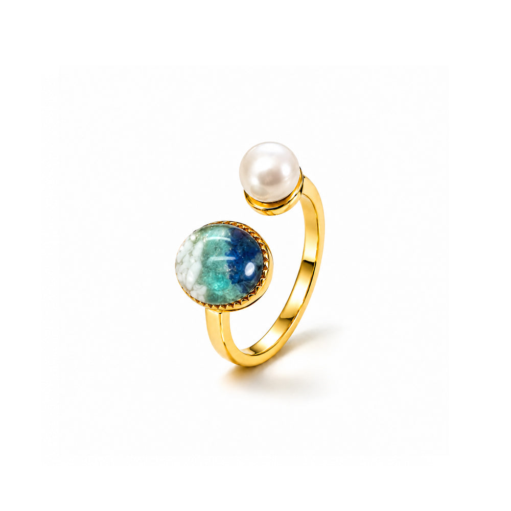 Color Stone Inlay Oval Pearl Ring – Blue & White Series