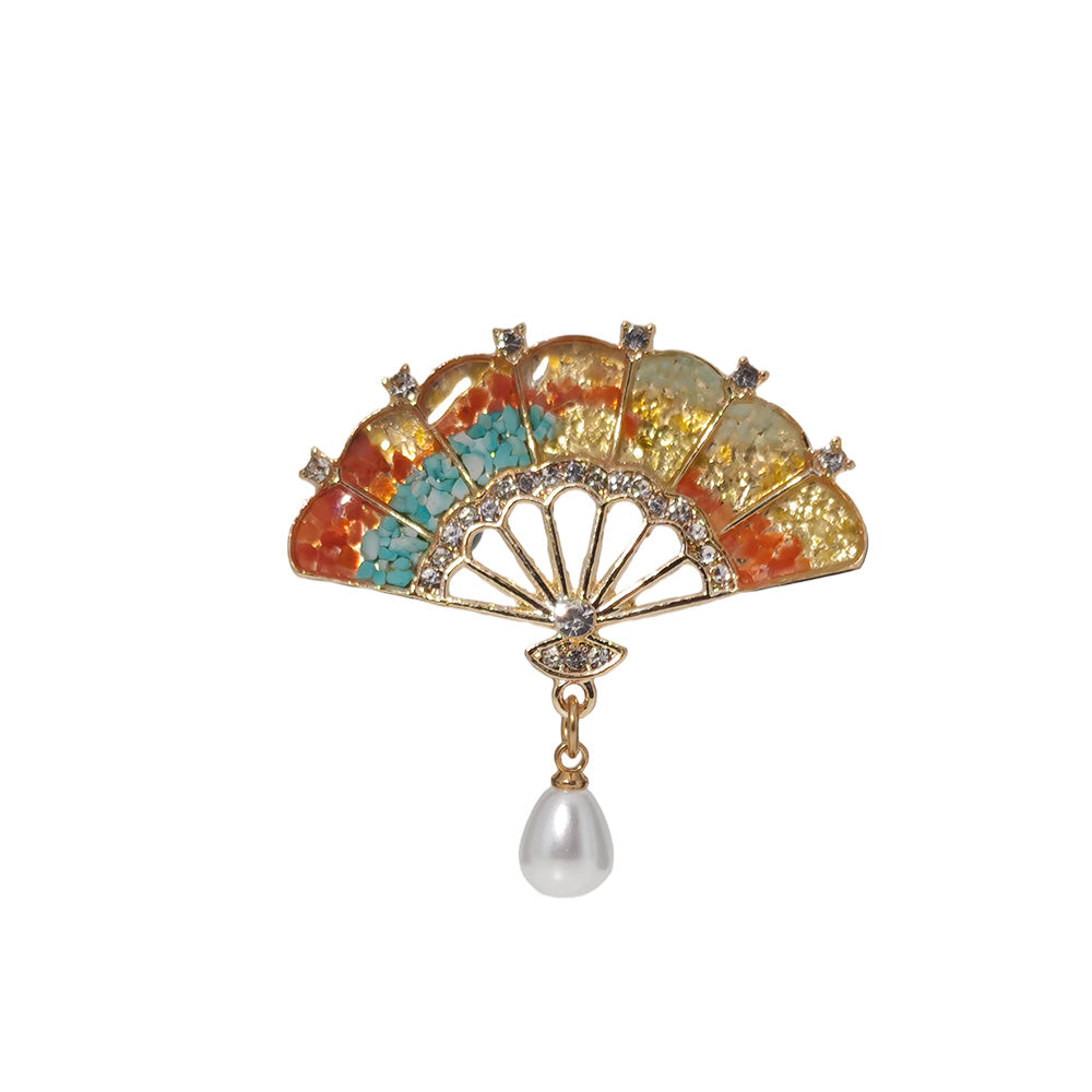 Dunhuang Tone Gem Inlay Fan Brooch with Pearl