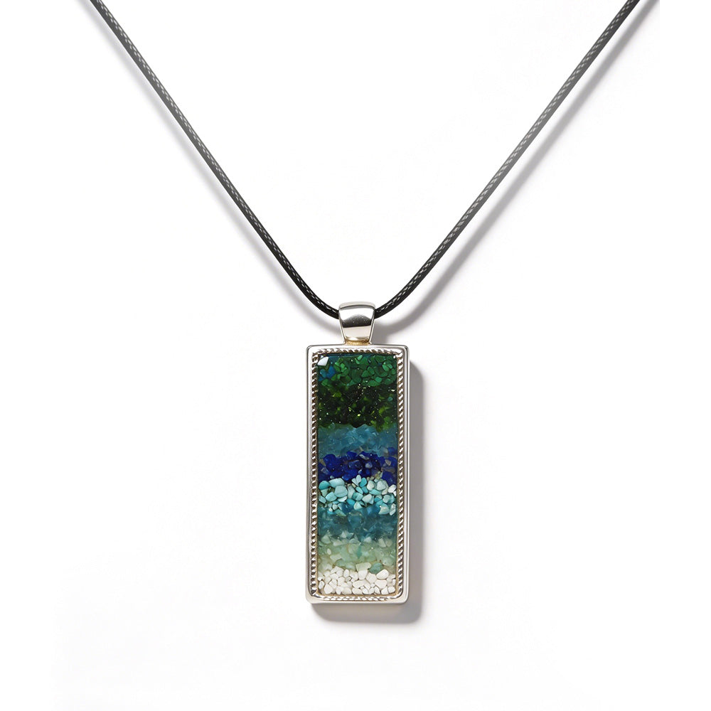 Rectangular Necklace with Colorful Stone Inlay in Azure-Green Landscape Design