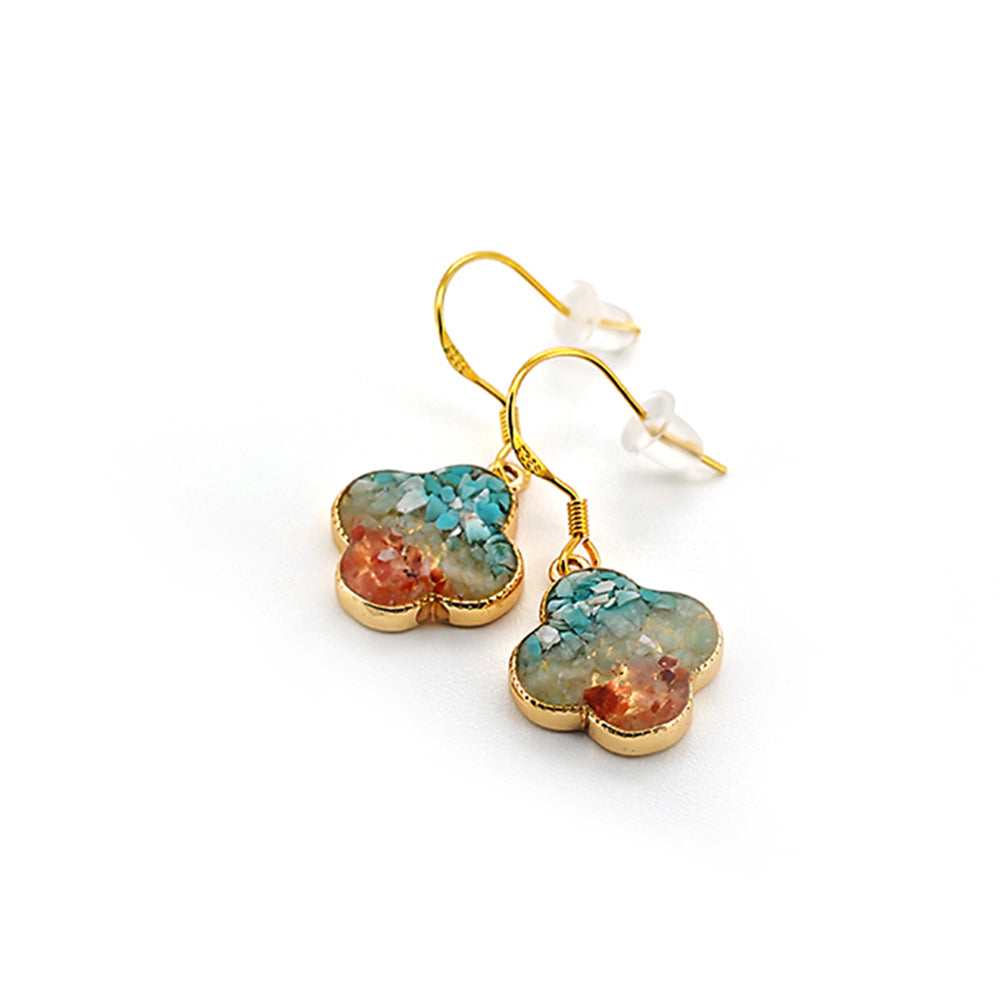 Color Stone Inlay Earrings: Dunhuang Red Four-Leaf Clover Design