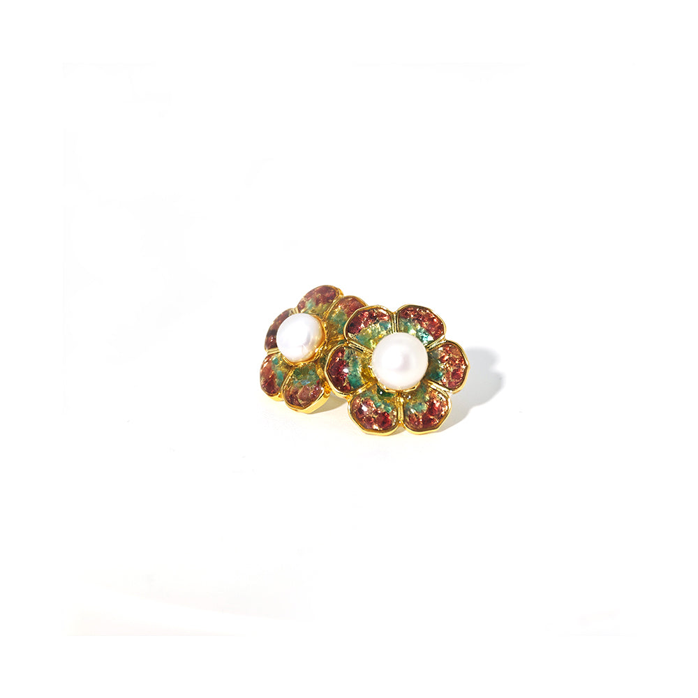 Color Stone Inlay Plum Gradient Baoxiang Flower Stud Earrings