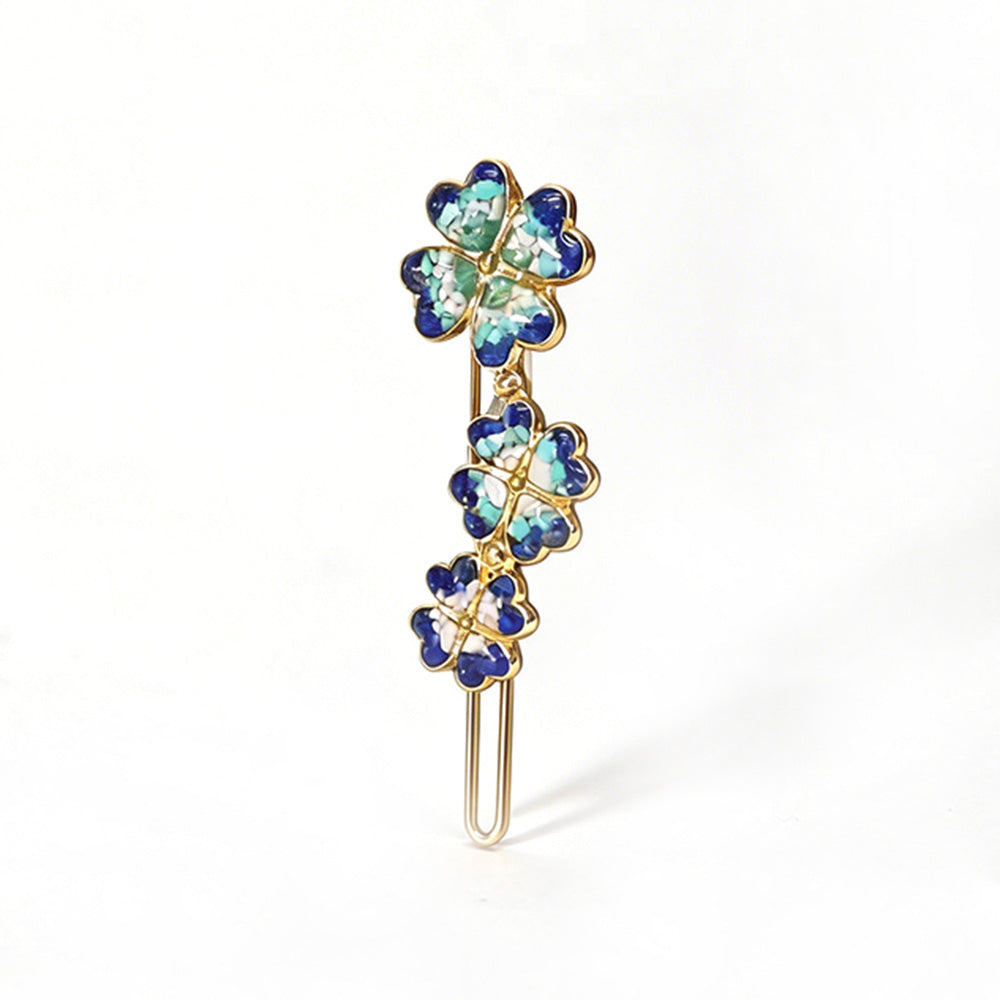 Cyan Lapis Lazuli Four-Leaf Clover Hairpin with Enamel Inlay Blue-and-White Design
