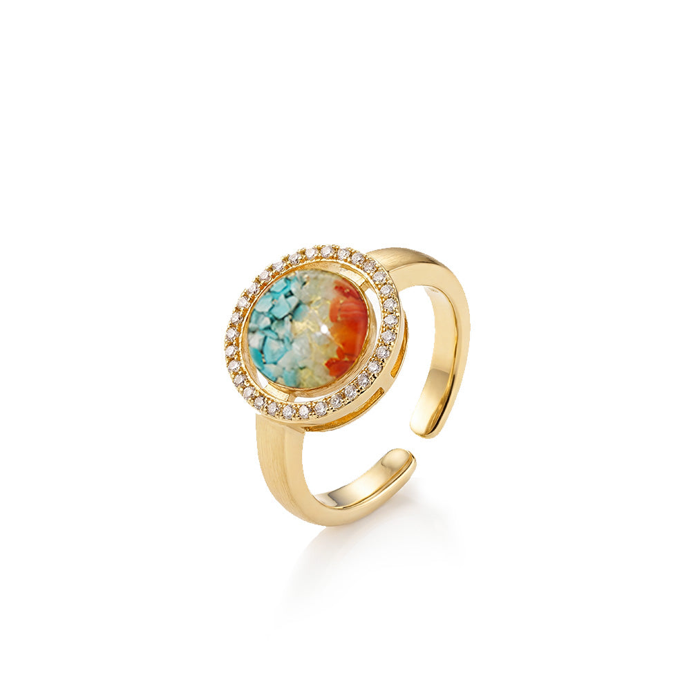 Dunhuang-Colored Big Round Bean Ring Inlaid with Colored Stones