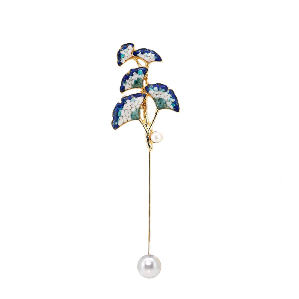 Blue-and-white Ginkgo Leaf Brooch Inlaid with Colored Stones