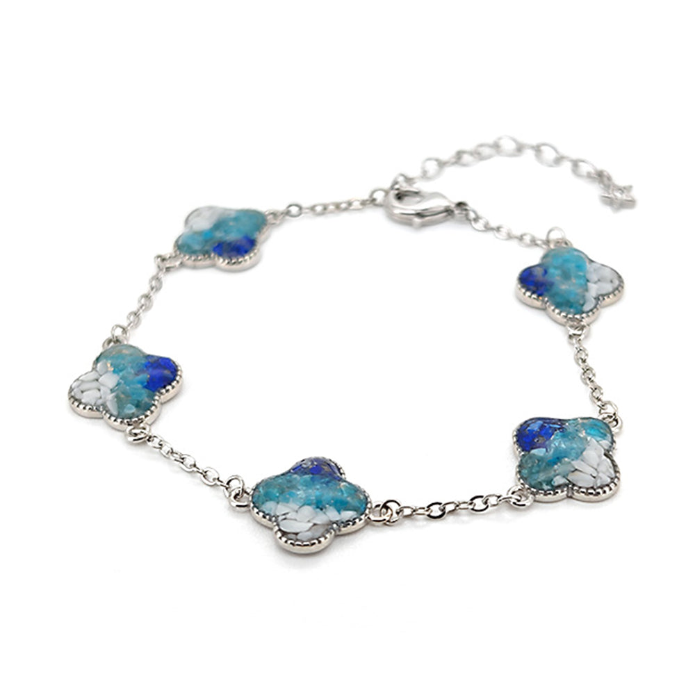 Color Stone Inlay Silver Four-Leaf Clover Bracelet – Blue & White