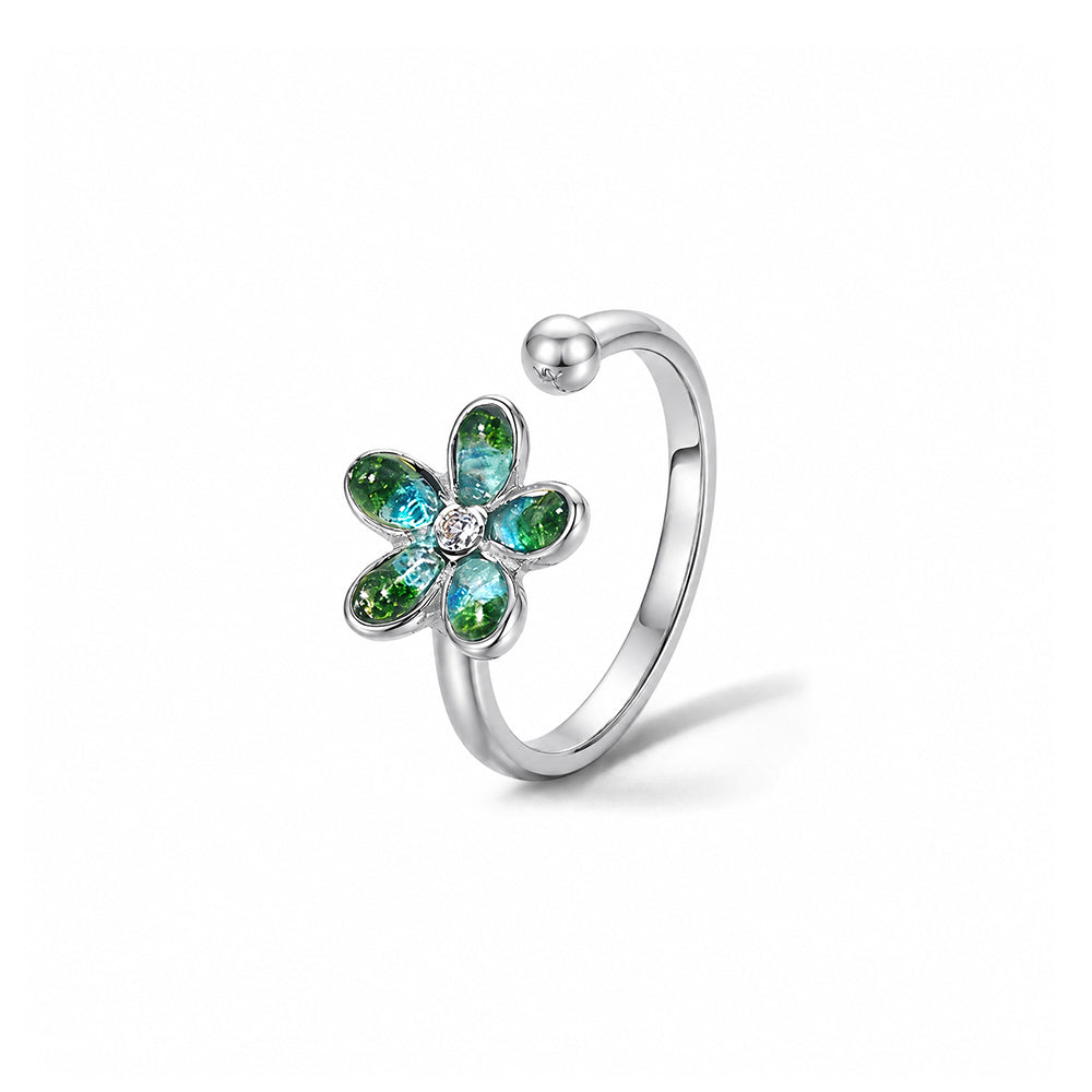 Color Stone Inlay Ring – Emerald Daisy, Silver