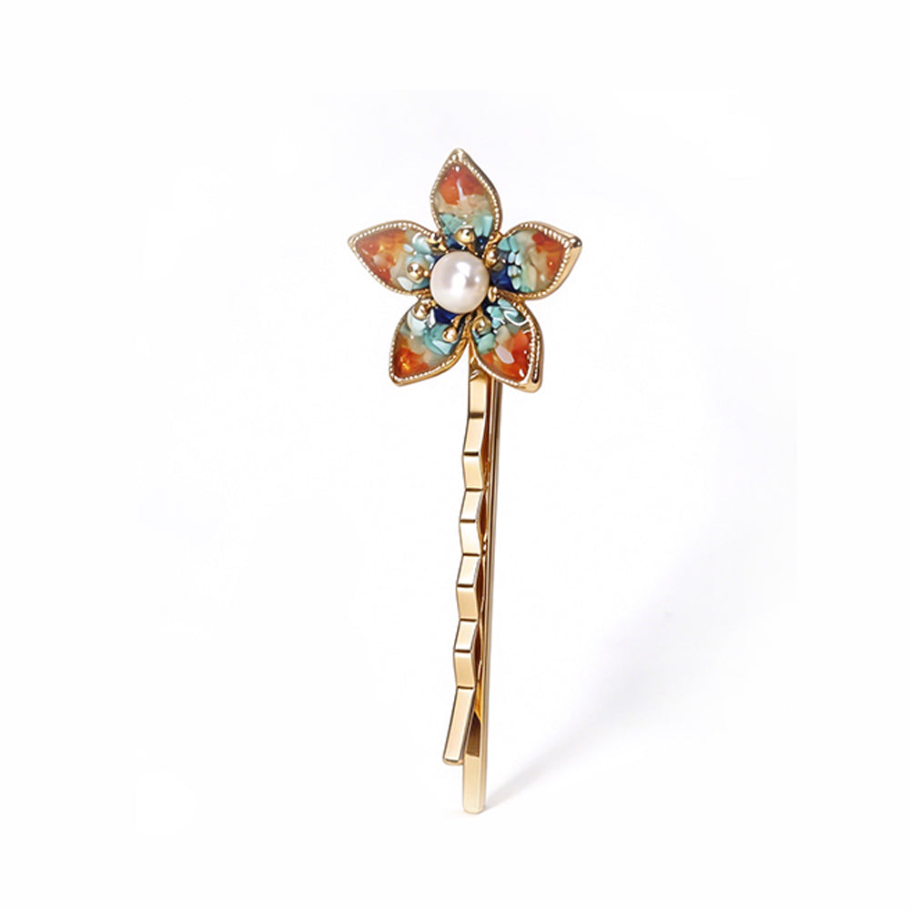 Colorful Stone Inlaid Nan Hong Five-Petal Flower Hair Clip, Dunhuang Red Style
