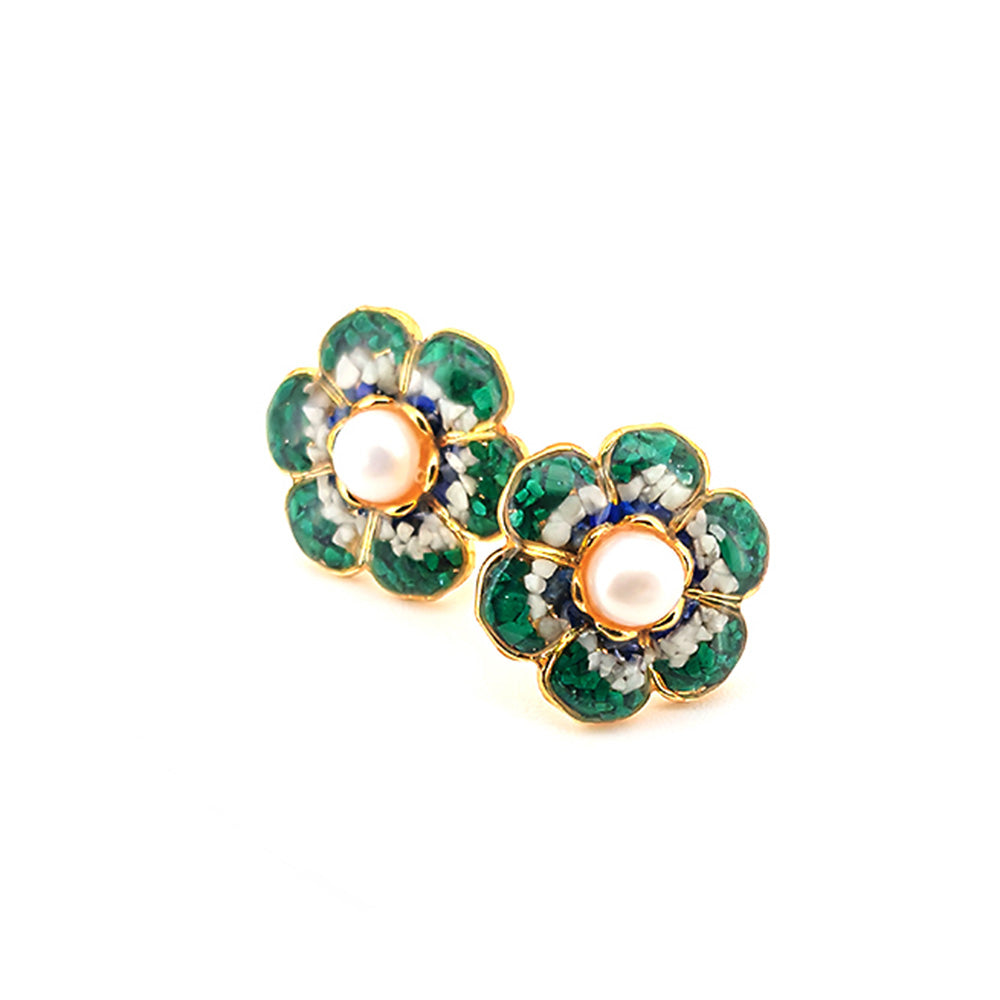 Color Stone Inlay Jade Green Baoxiang Flower Stud Earrings